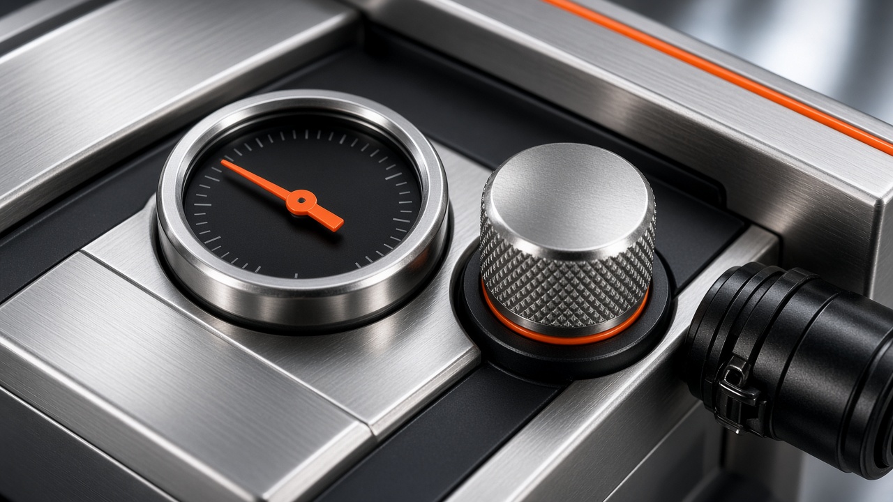 Close-up of a pressure gauge and knurled regulator knob