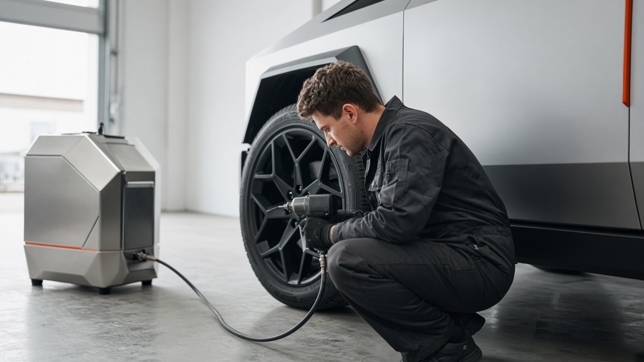 Mechanic using an impact wrench powered by a Continuous Motion compressor