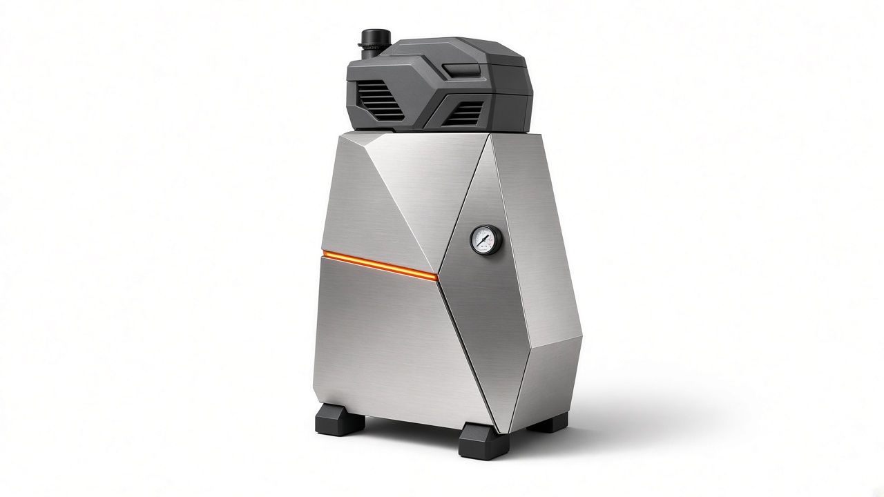 Continuous Motion CM-60 vertical air compressor with faceted brushed stainless steel shell